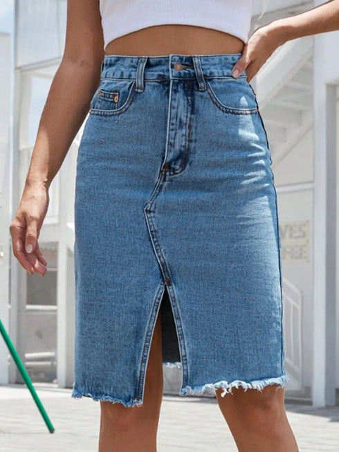 'Khaleesi' Raw Hem Slit Denim Skirt - Celes Fashion